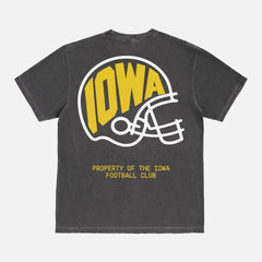 Cute old school Iowa Hawkeyes football t-shirt with vintage front and back print on a washed black comfort colors graphic tee
