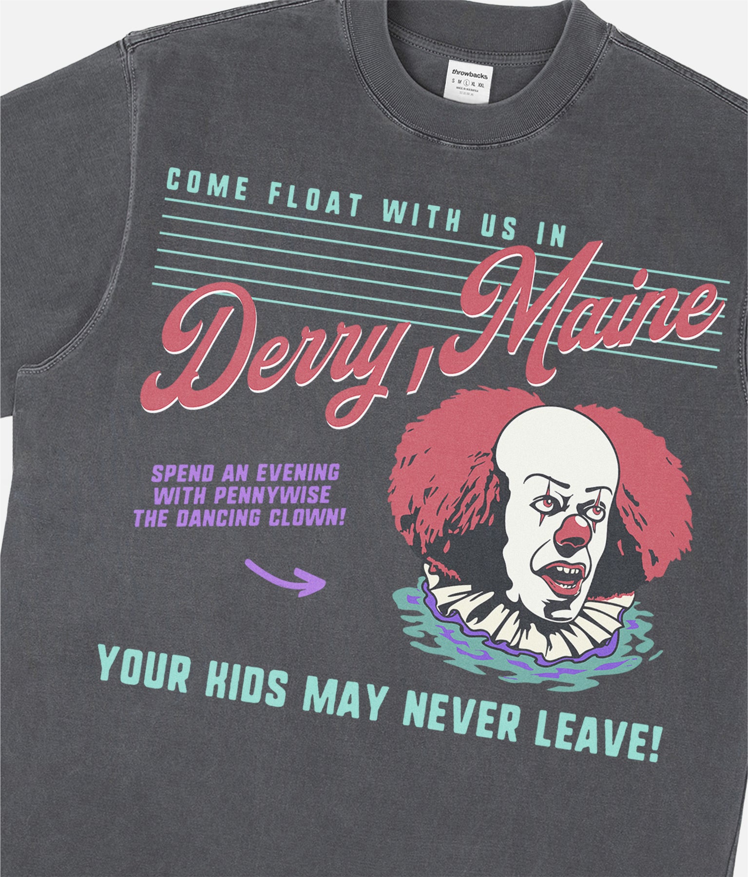 Original IT movie 1990 t-shirt with retro 90s pennywise the dancing clown on washed black unisex t-shirt, Derry Maine horror movie graphic tee for men and women