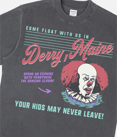 Original IT movie 1990 t-shirt with retro 90s pennywise the dancing clown on washed black unisex t-shirt, Derry Maine horror movie graphic tee for men and women