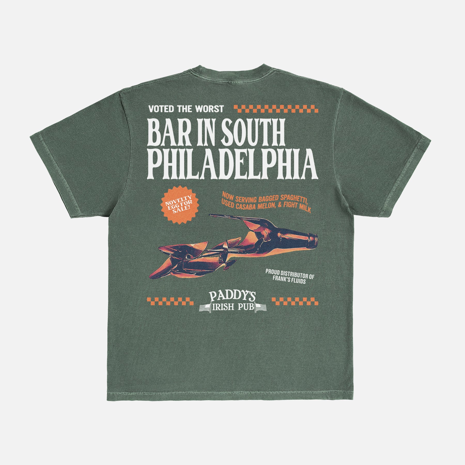 green comfort colors Its Always Sunny in Philadelphia tv show graphic tee shirt with funny retro worst bar in philly ad Paddy's Irish Pub logo and back graphic