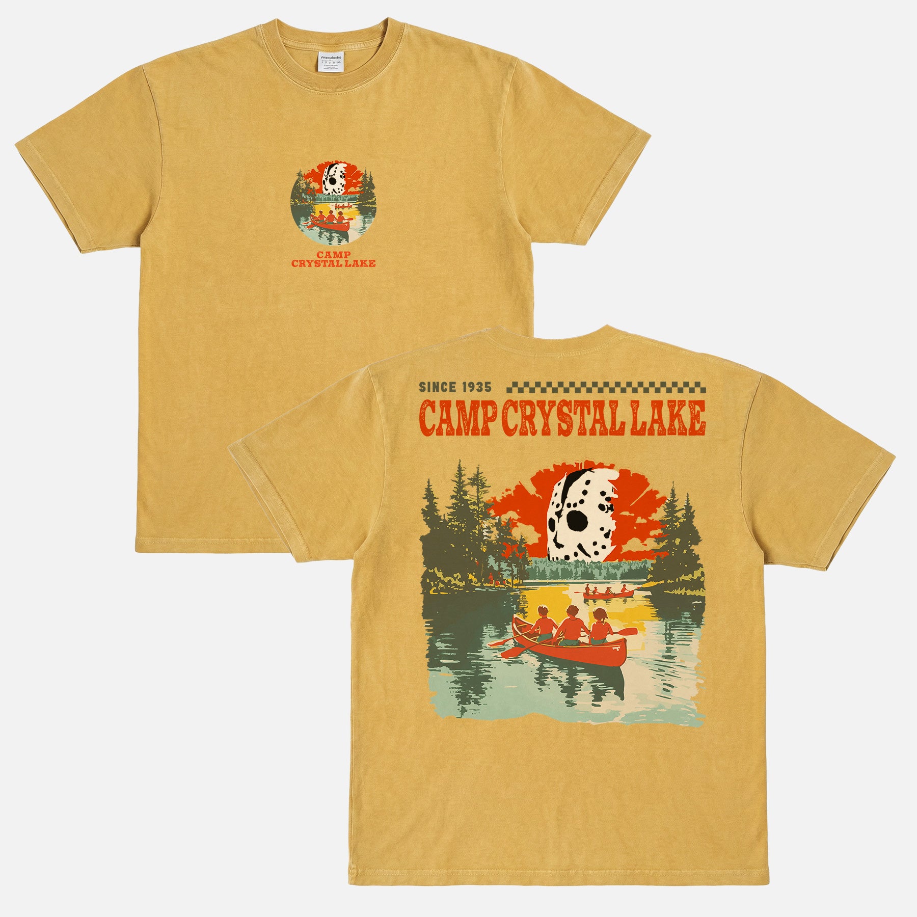 Retro Camp Crystal Lake Friday the 13th Horror Movie graphic t-shirt, vintage Jason Voorhees oversized tee in faded off white and red