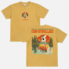 Retro Camp Crystal Lake Friday the 13th Horror Movie graphic t-shirt, vintage Jason Voorhees oversized tee in faded off white and red