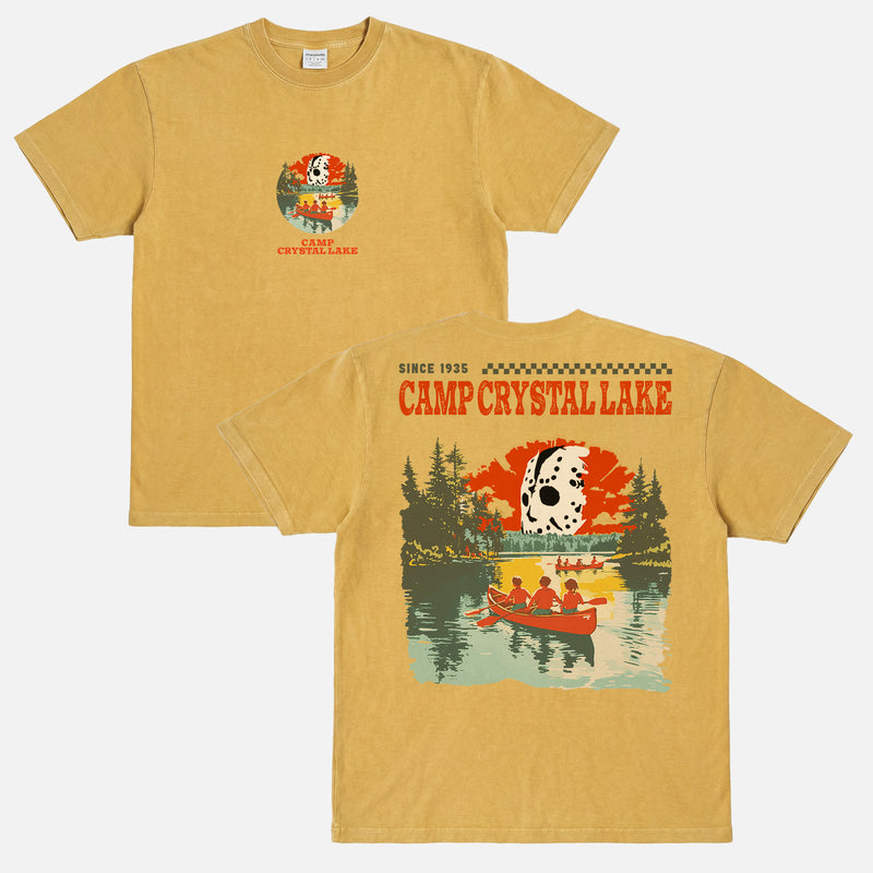 Retro Camp Crystal Lake Friday the 13th Horror Movie graphic t-shirt, vintage Jason Voorhees oversized tee in faded off white and red