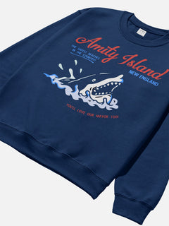 Jaws Movie Sweatshirt, retro funny  navy heavyweight Amity Island Tourist Travel crewneck for sale at Throwbacks