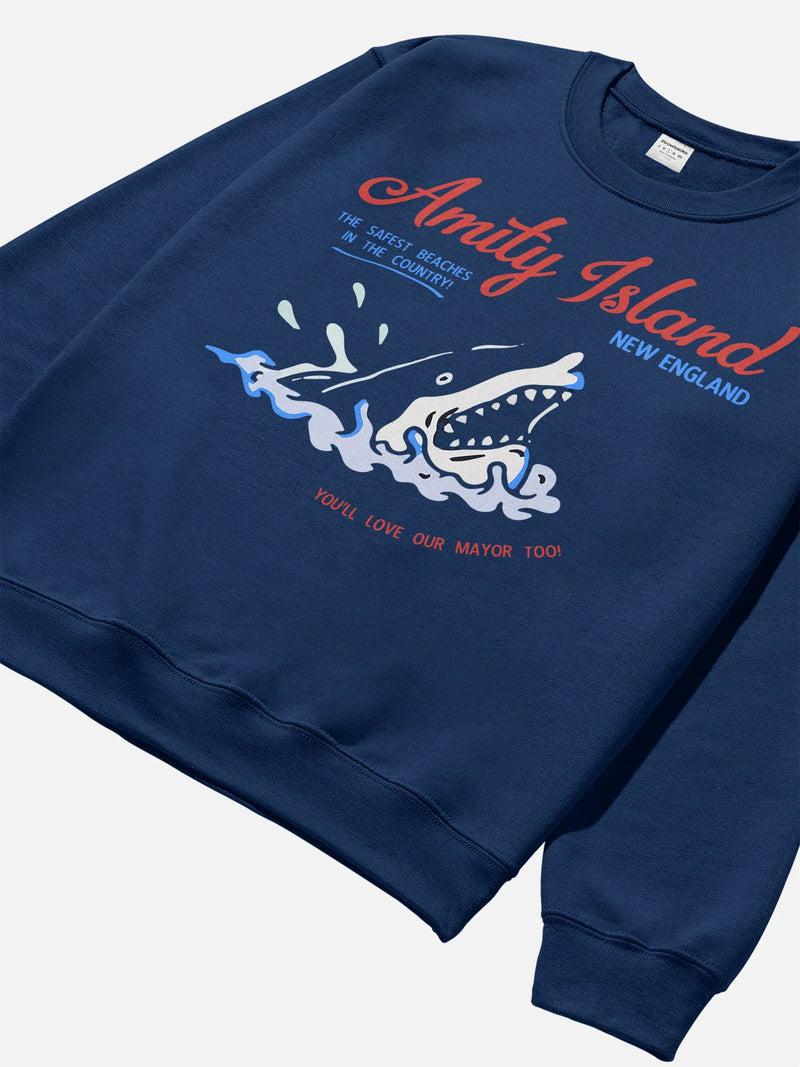 Jaws Movie Sweatshirt, retro funny  navy heavyweight Amity Island Tourist Travel crewneck for sale at Throwbacks