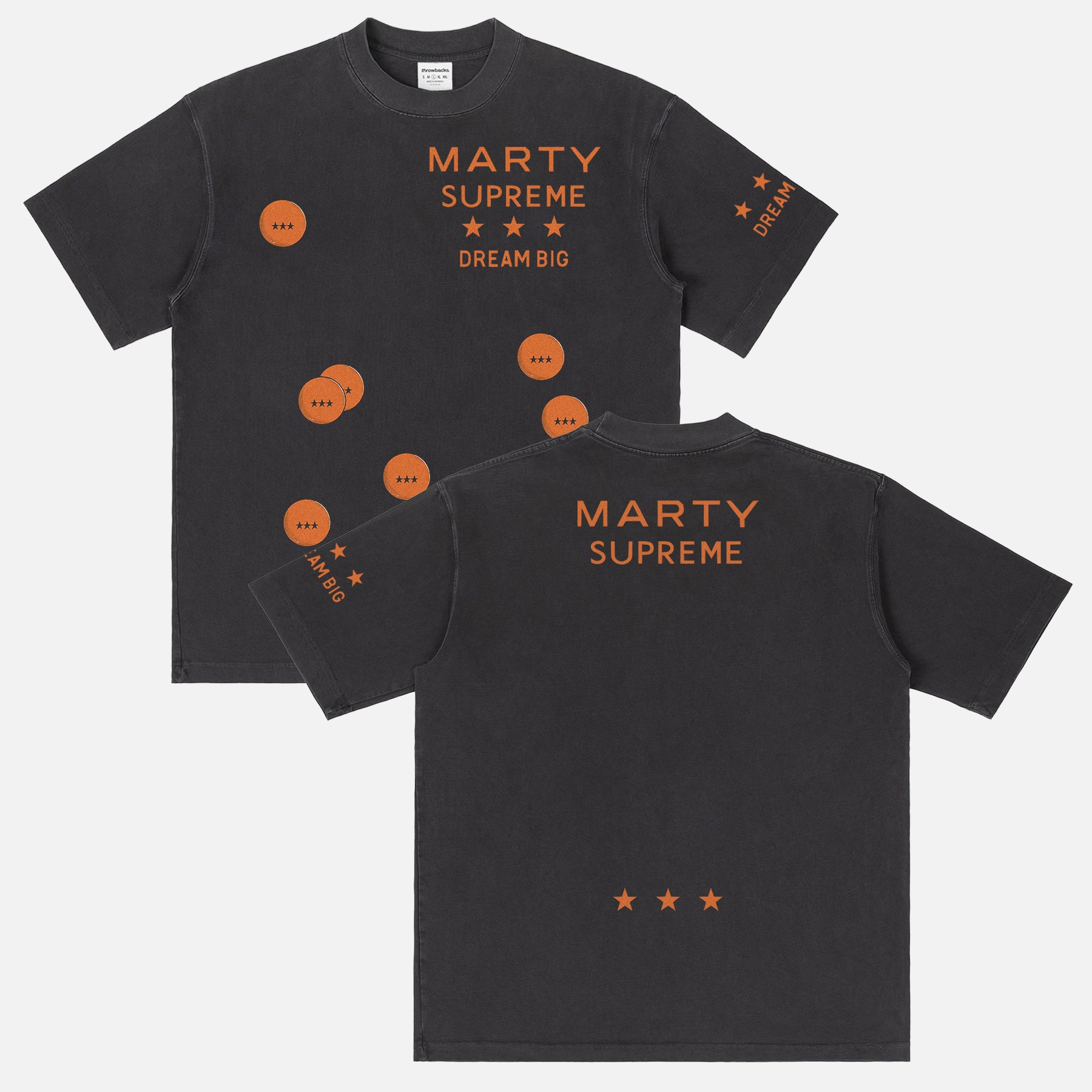 Retro Marty Supreme movie washed black graphic tee shirt with front back and sleeve print of orange movie poster logo, ping pong balls, and dream big 