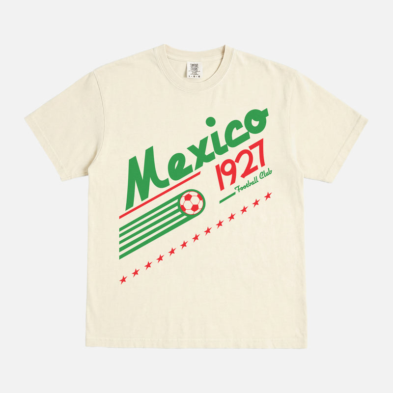 Retro off white Mexico Football Team World Cup Graphic t-shirt with old school 90s soccer design on a unisex comfort Colors tee