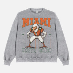 Miami hurricanes football mascot streetwear sweatshirt with retro seagull mascot on a heavyweight grey crewneck