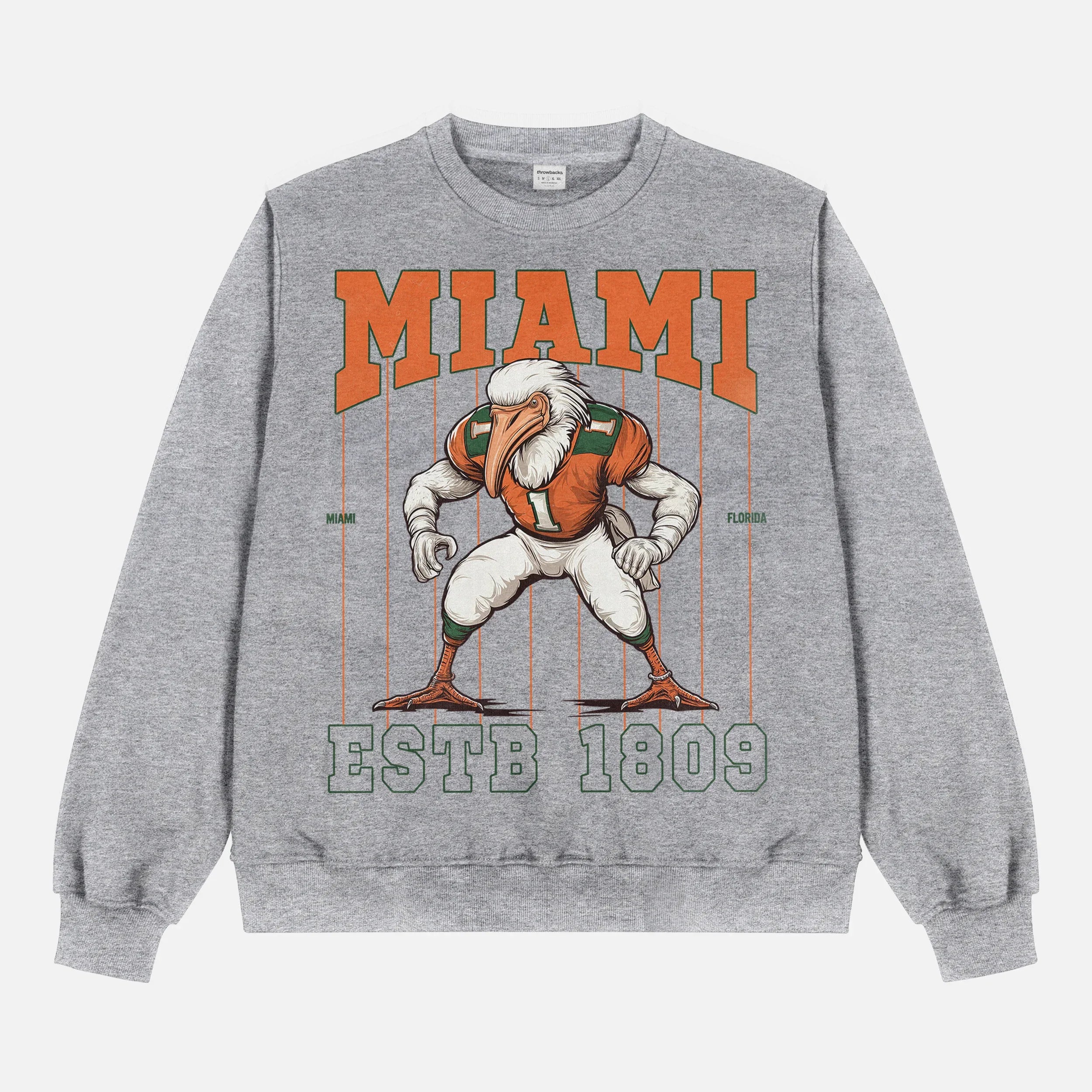Miami hurricanes football mascot streetwear sweatshirt with retro seagull mascot on a heavyweight grey crewneck