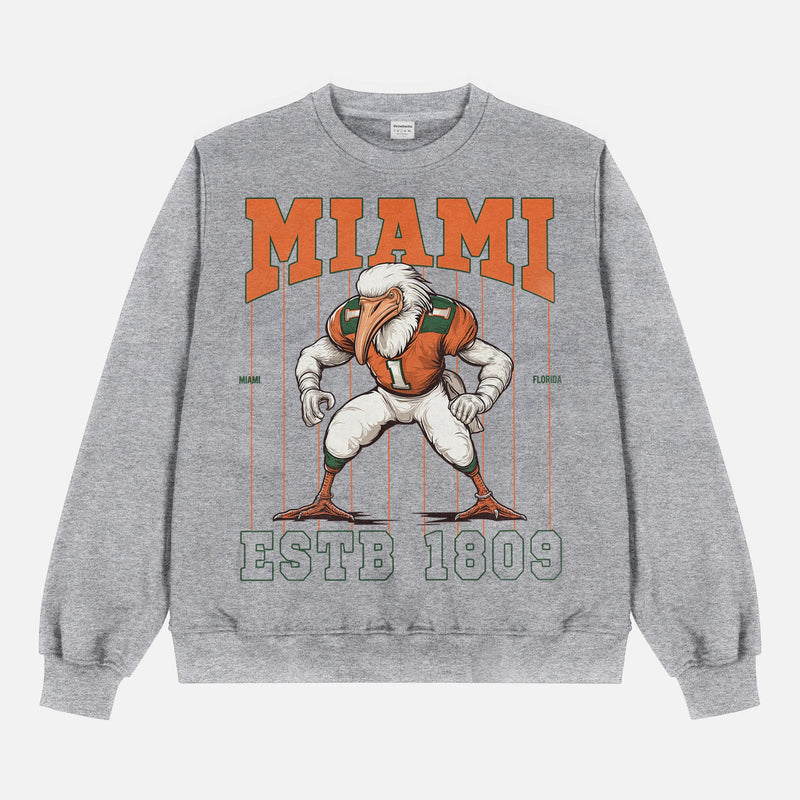 Miami hurricanes football mascot streetwear sweatshirt with retro seagull mascot on a heavyweight grey crewneck