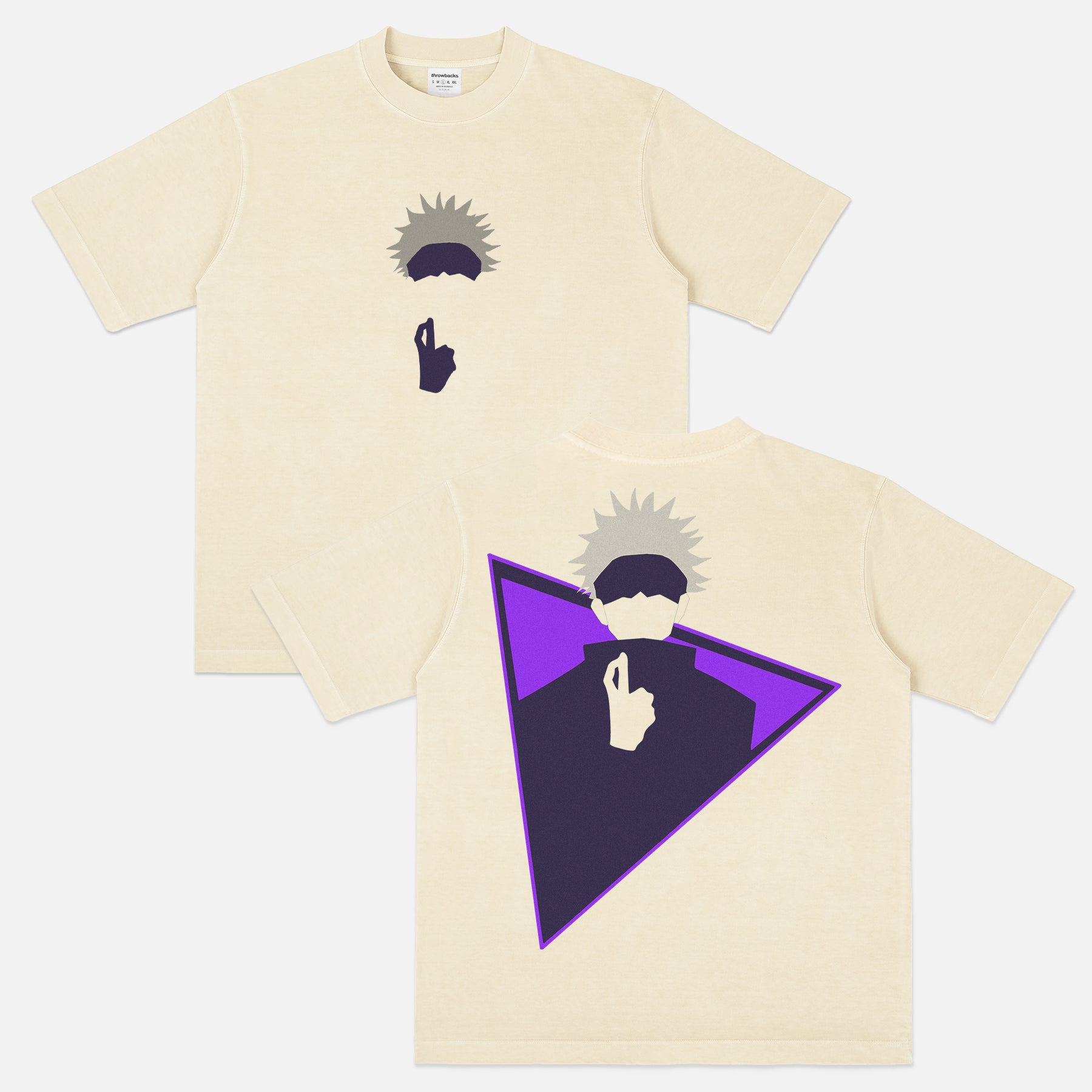 Off white Jujutsu Kaisen satoru fingers crossed t-shirt with front and back print, JJK anime manga graphic tee for men and women