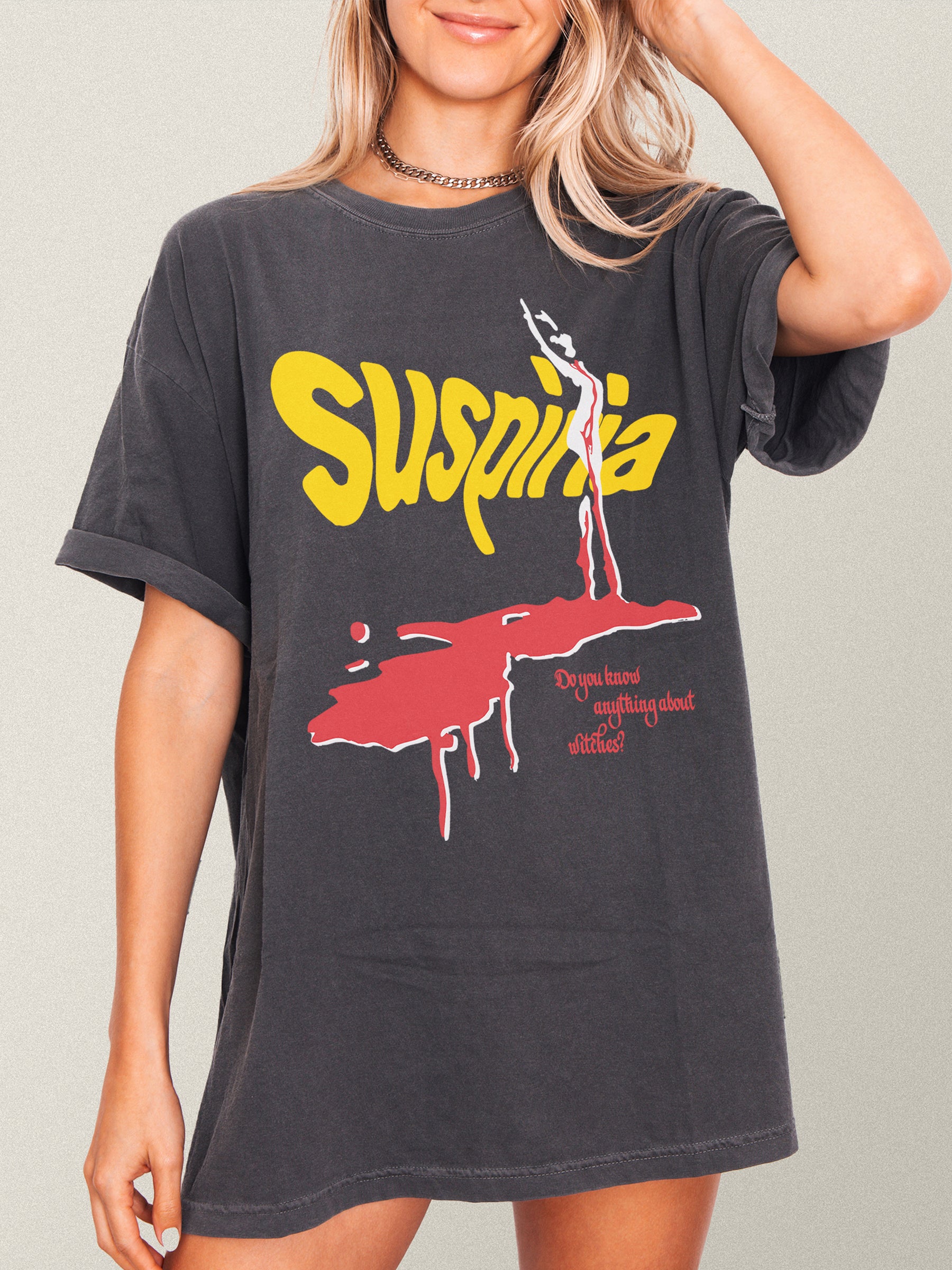Suspiria 1977 movie poster graphic tee shirt, vintage faded black Italian horror movie t-shirt