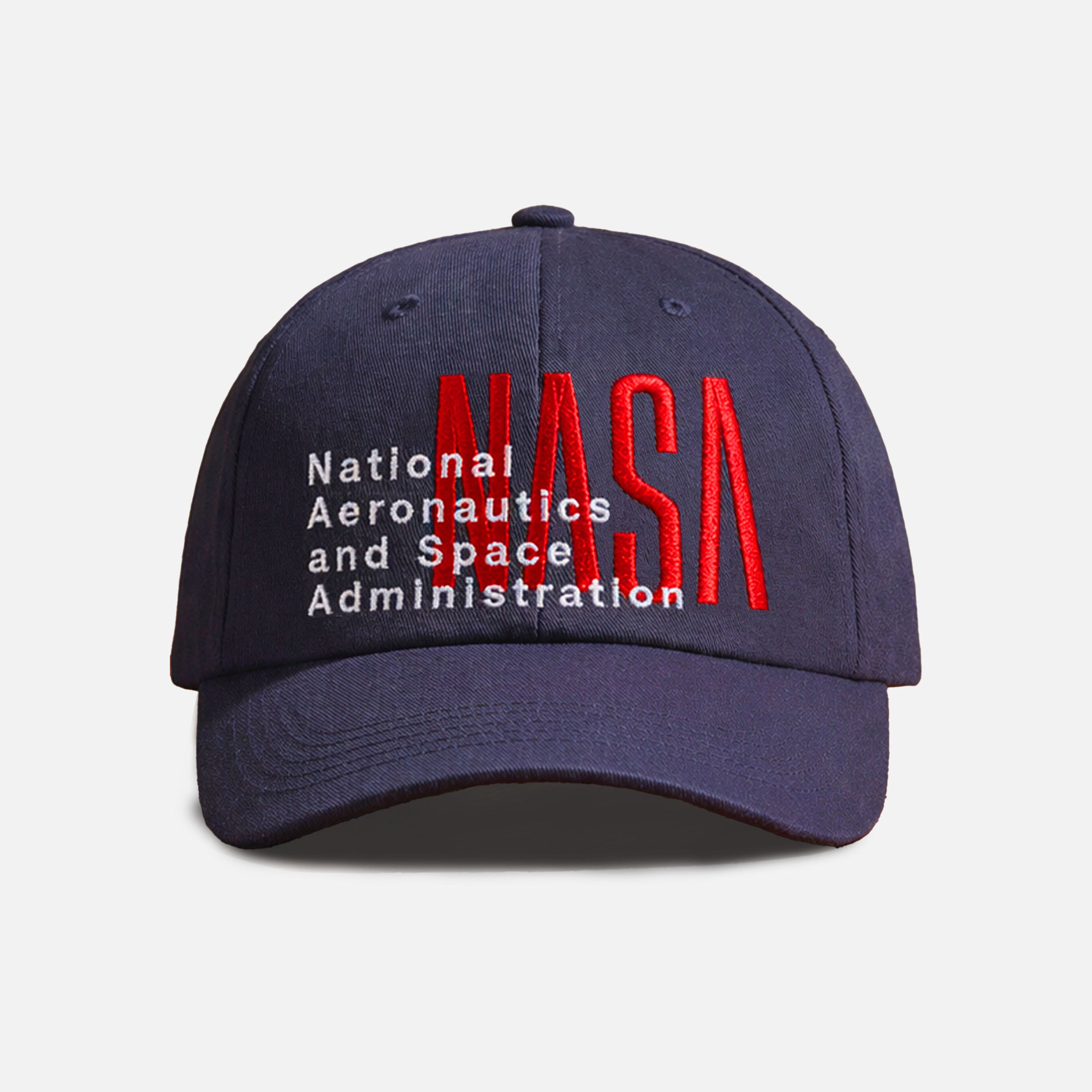 NASA worm logo with red and white embroidered on a navy dad hat