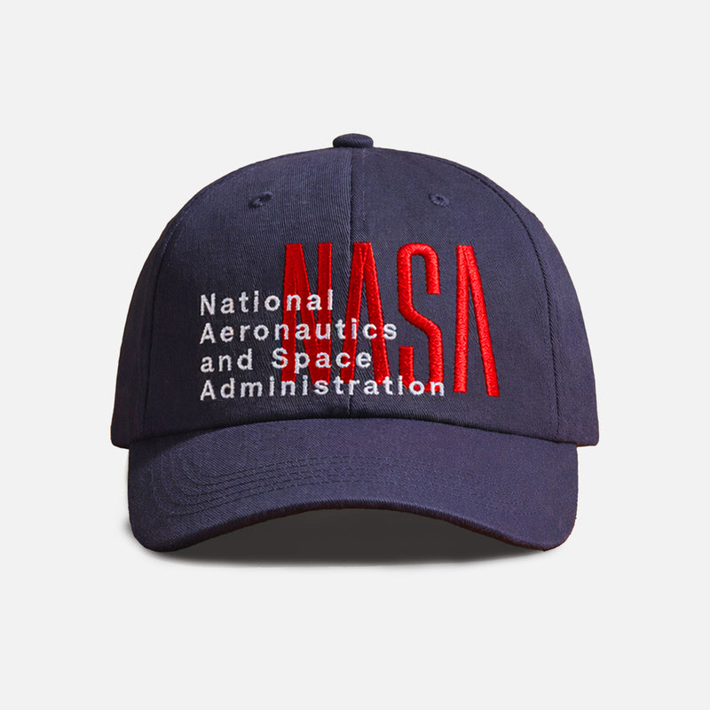NASA worm logo with red and white embroidered on a navy dad hat