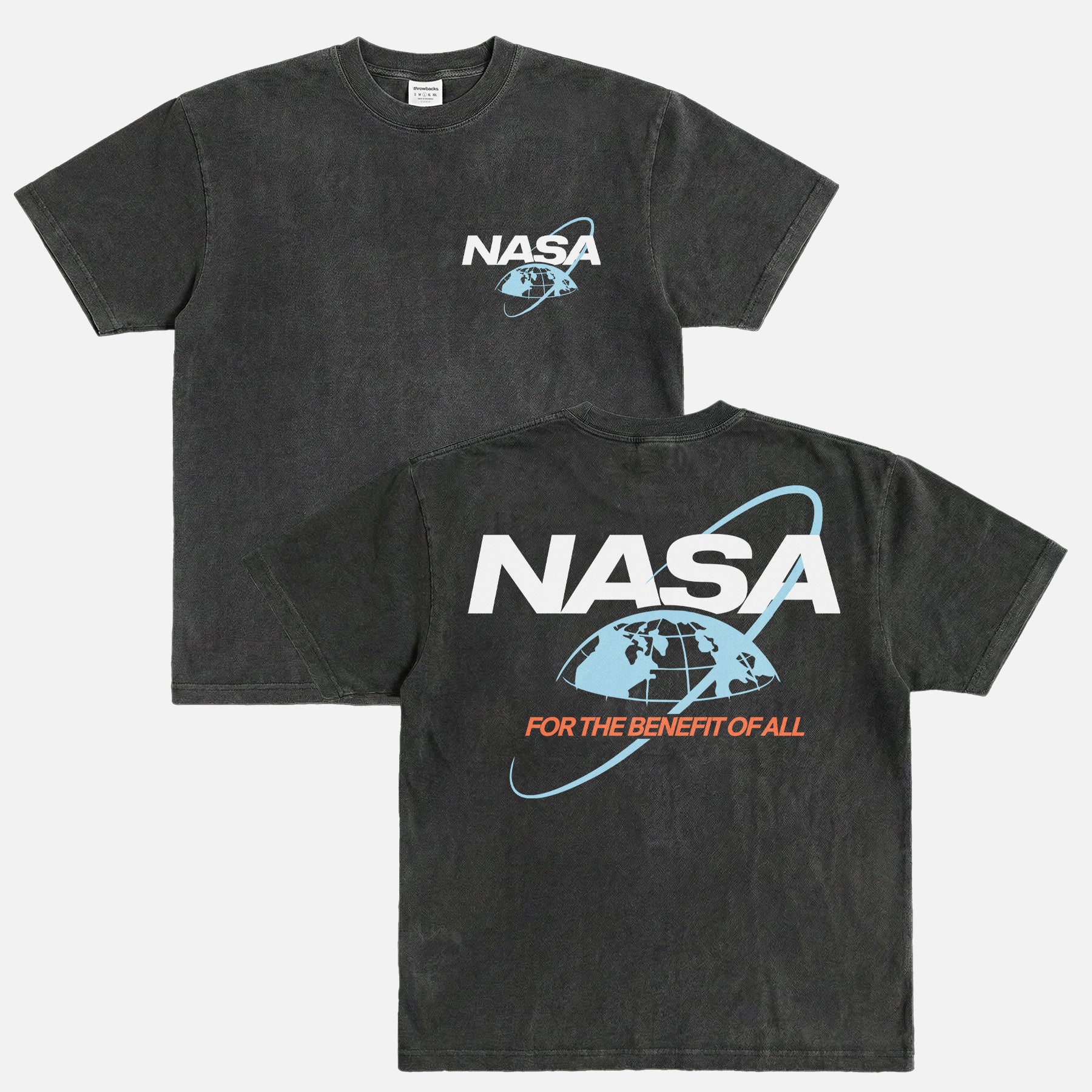Retro 80's style NASA streetwear graphic t-shirt with front and back logo on a washed black unisex tee