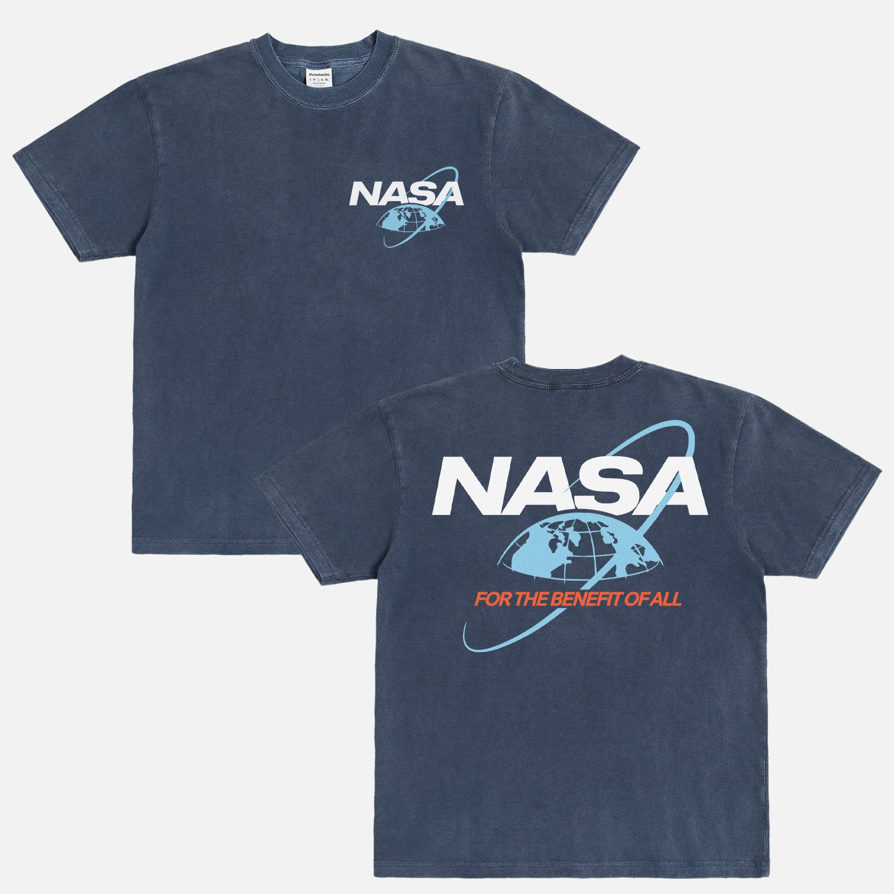 Retro 80's style NASA streetwear graphic t-shirt with front and back logo on a washed navy unisex tee