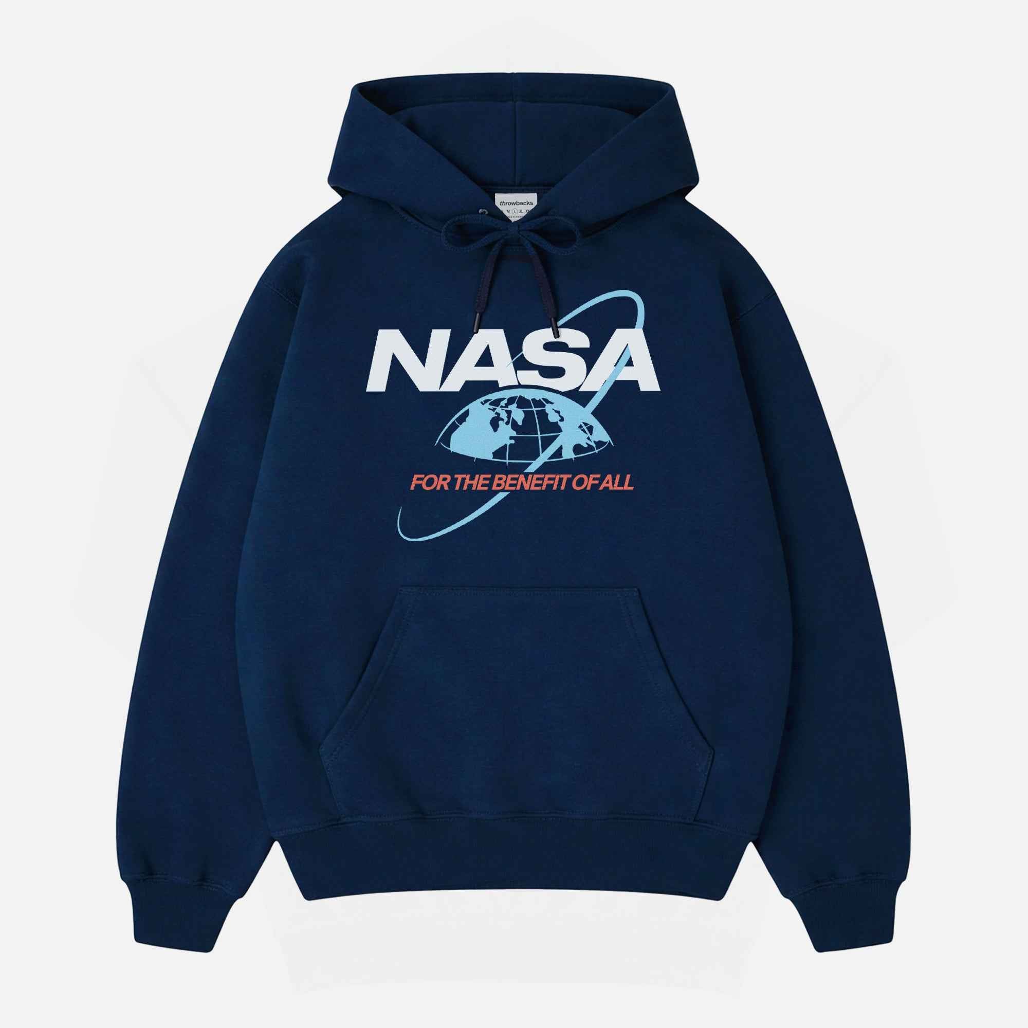 Retro 80s nasa logo streetwear hoodie sweatshirt on a unisex navy hooded sweater