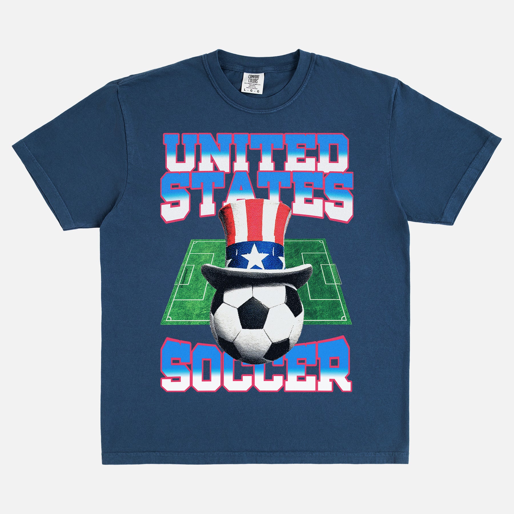 Retro United States soccer team graphic tee with 90's gradient text and uncle sam soccer ball on a unisex comfort colors t-shirt