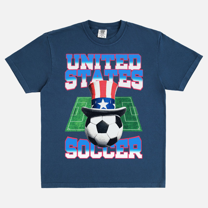 Retro United States soccer team graphic tee with 90's gradient text and uncle sam soccer ball on a unisex comfort colors t-shirt