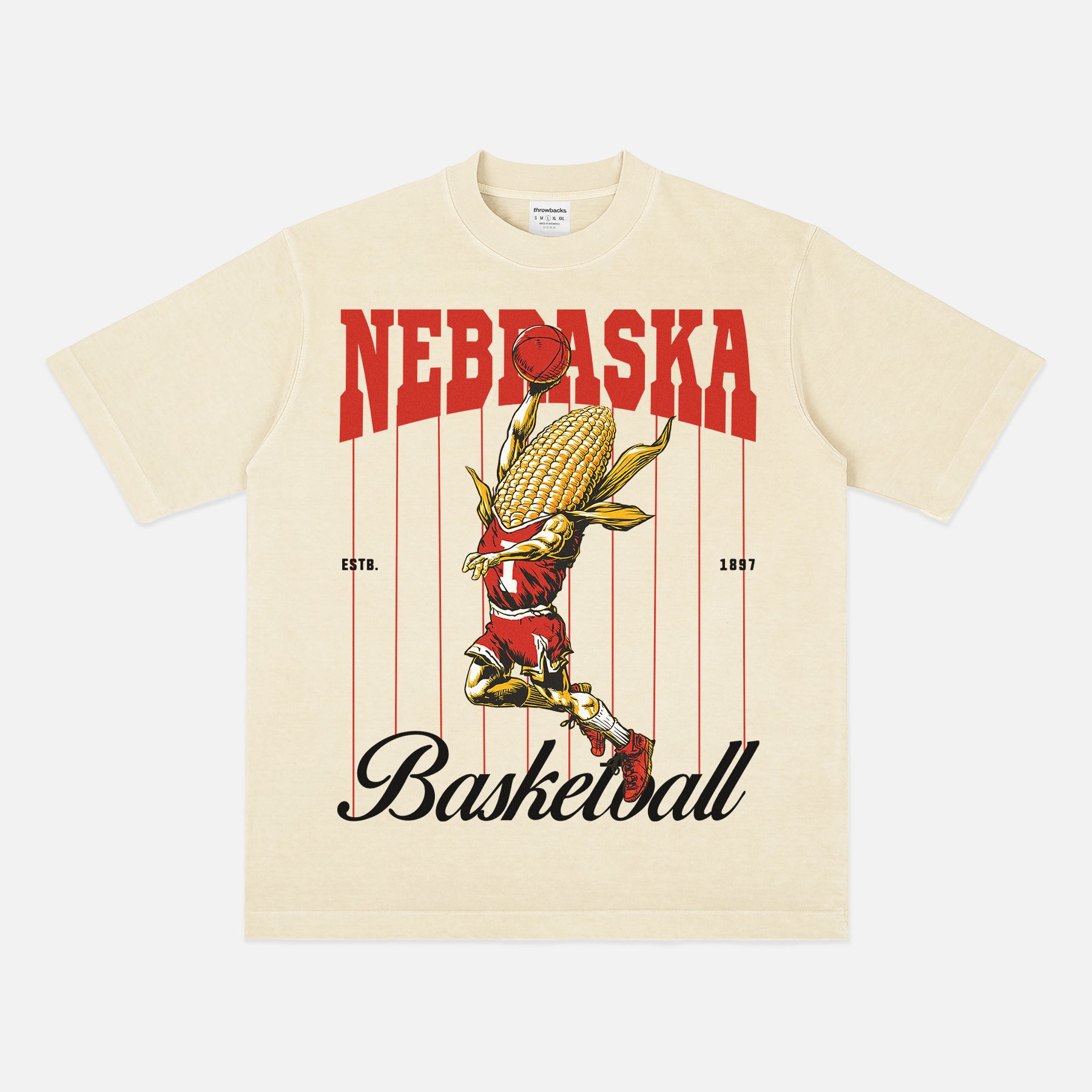 Vintage Nebraska Cornhuskers College Basketball Graphic T‑shirt with retro corn-on-the-cob mascot and pinstripes on an washed beige, off-white bball tee for men and women