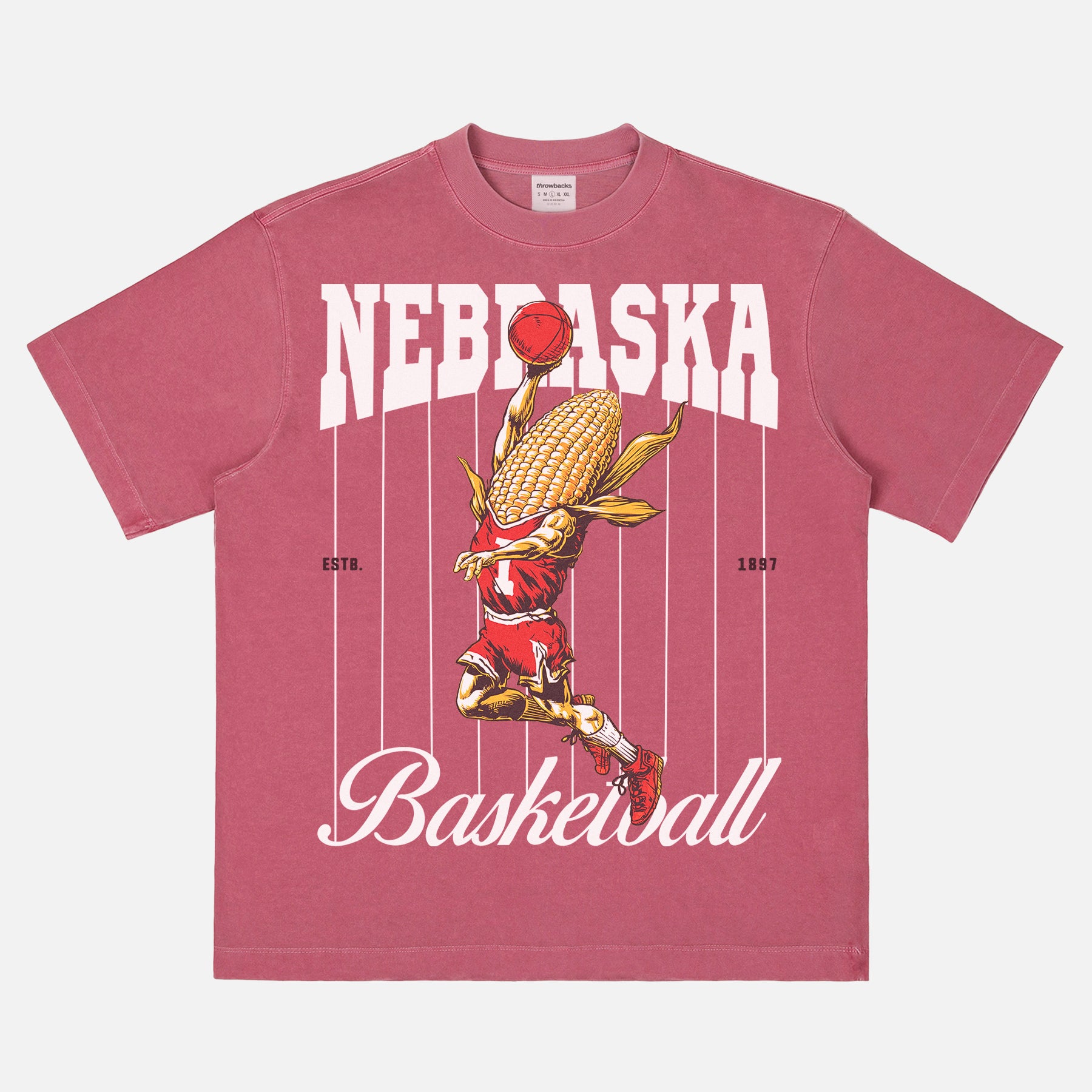 Vintage Nebraska Cornhuskers College Basketball Graphic T‑shirt with retro corn-on-the-cob mascot and pinstripes on an washed red bball tee for men and women