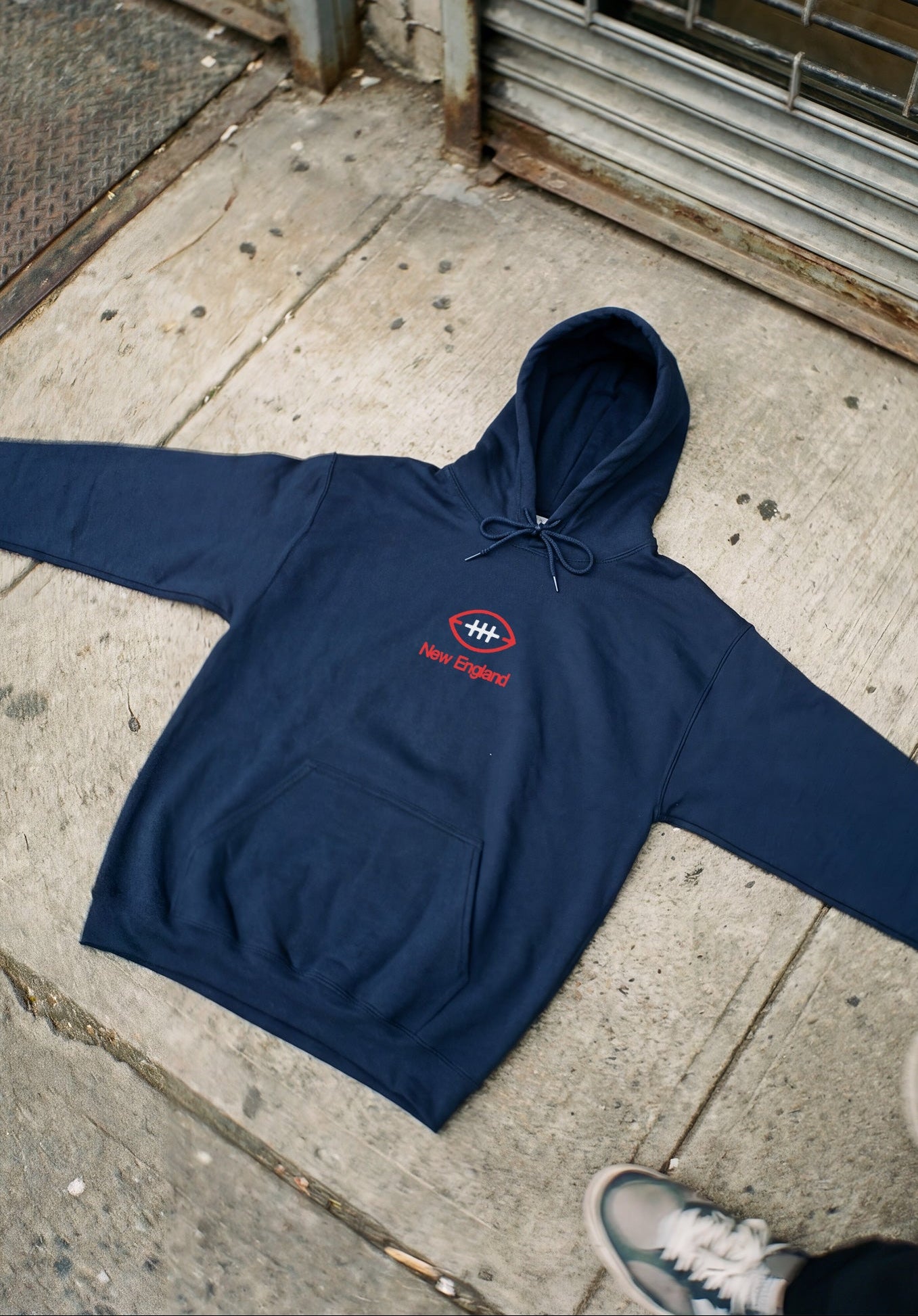 Streetwear style New England Patriots Boston Football Hoodie with front and back print on oversized heavyweight hooded sweatshirt