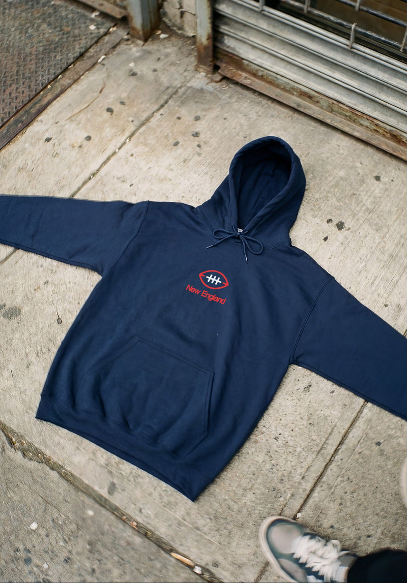 Streetwear style New England Patriots Boston Football Hoodie with front and back print on oversized heavyweight hooded sweatshirt
