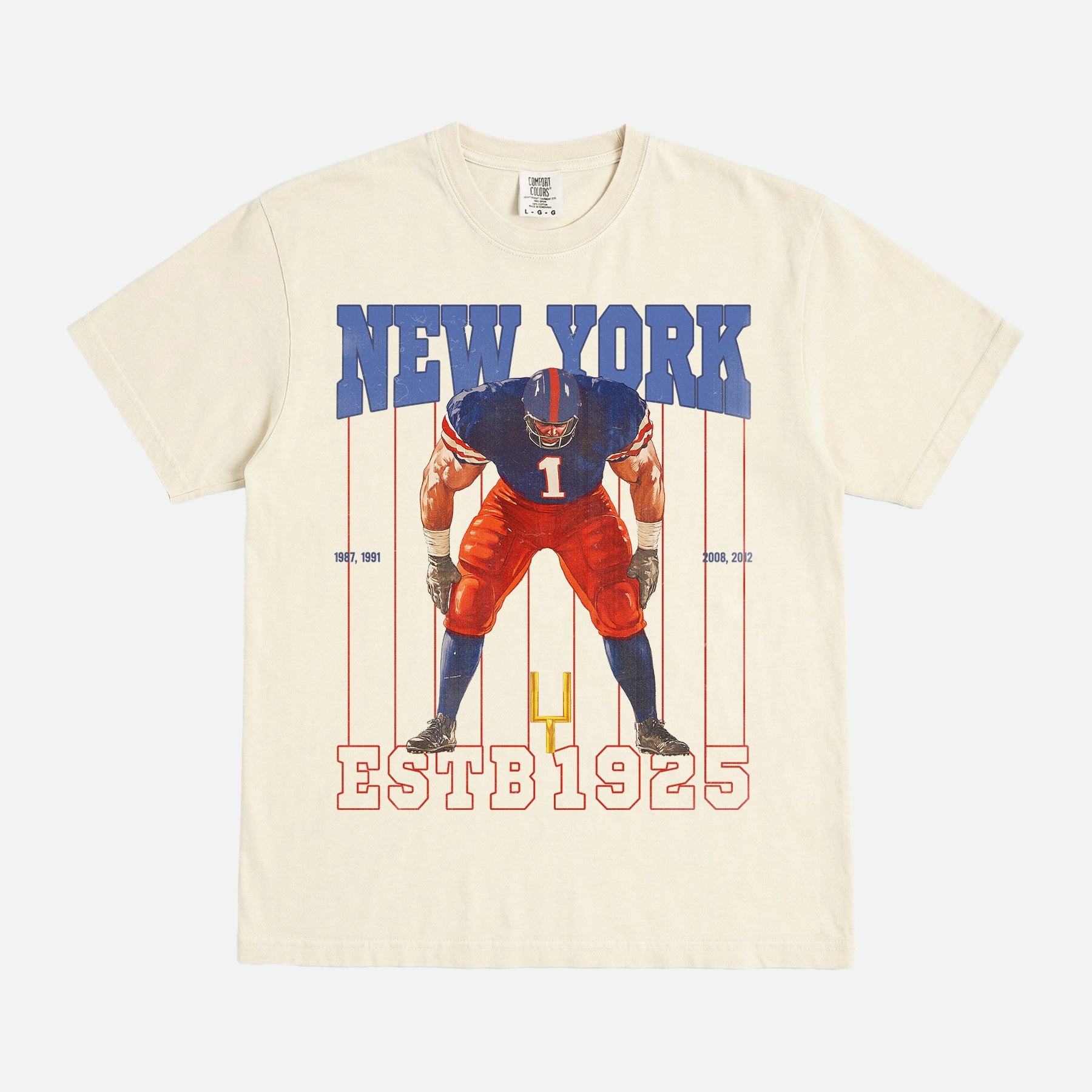 Vintage New York Giants football fan t-shirt with retro mascot pinstripes on a faded beige comfort colors graphic tee for sale at Throwbacks