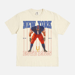 Vintage New York Giants football fan t-shirt with retro mascot pinstripes on a faded beige comfort colors graphic tee for sale at Throwbacks