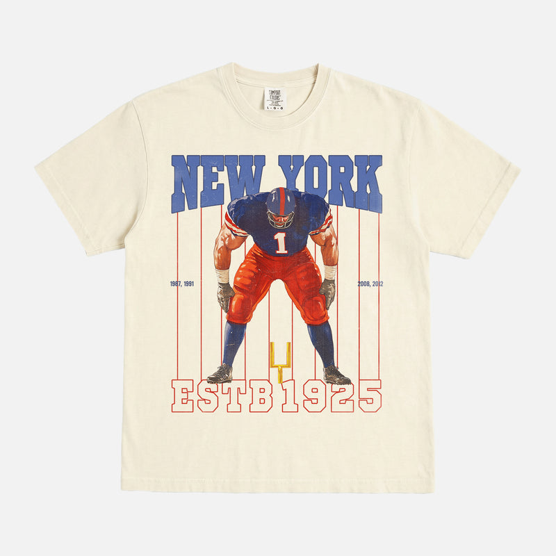 Vintage New York Giants football fan t-shirt with retro mascot pinstripes on a faded beige comfort colors graphic tee for sale at Throwbacks