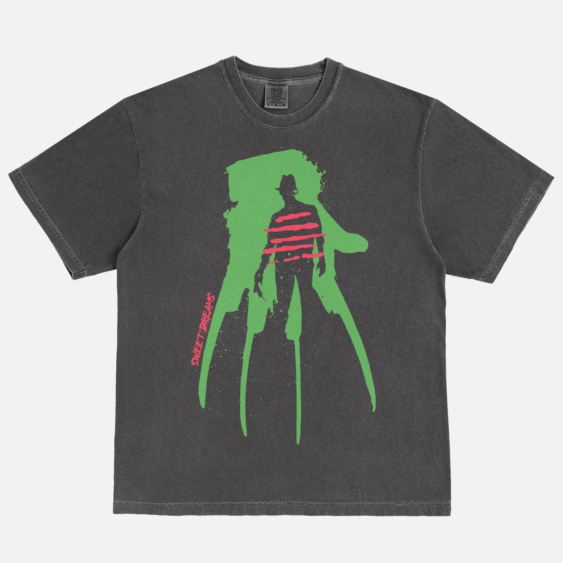 A Nightmare on Elm Street movie t-shirt for horror movie and freddy krueger fans on a washed black red and green heavyweight graphic tee with freddy's glove and sweater