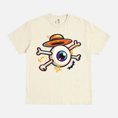 One Piece anime graphic tee with straw hat, Monkey D. Luffy Eye and cross bones on an off white comfort colors t-shirt