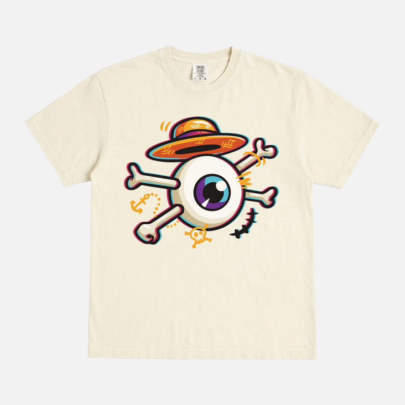 One Piece anime graphic tee with straw hat, Monkey D. Luffy Eye and cross bones on an off white comfort colors t-shirt