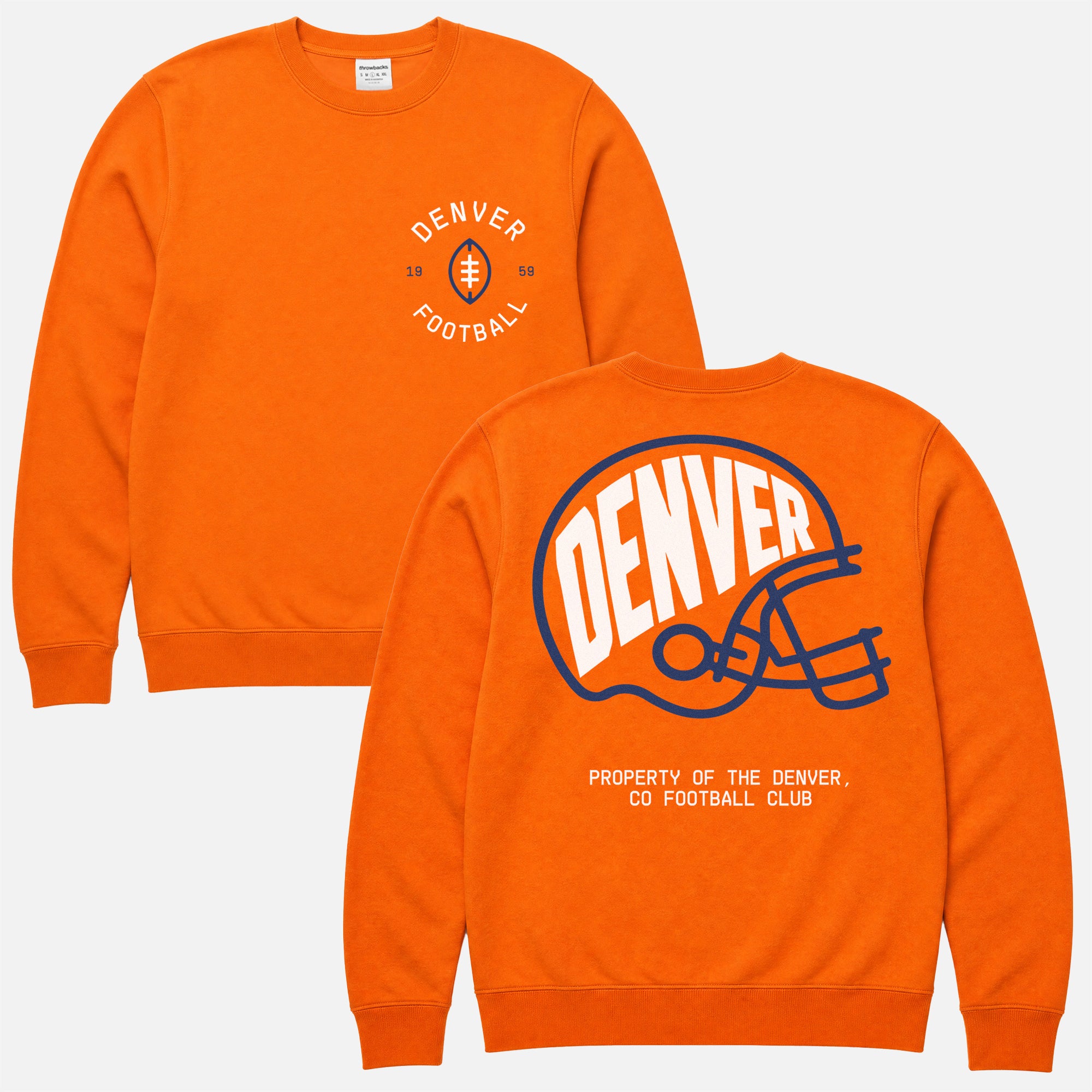 Cute vintage Denver Broncos football fan crewneck sweatshirt with retro logo and back print