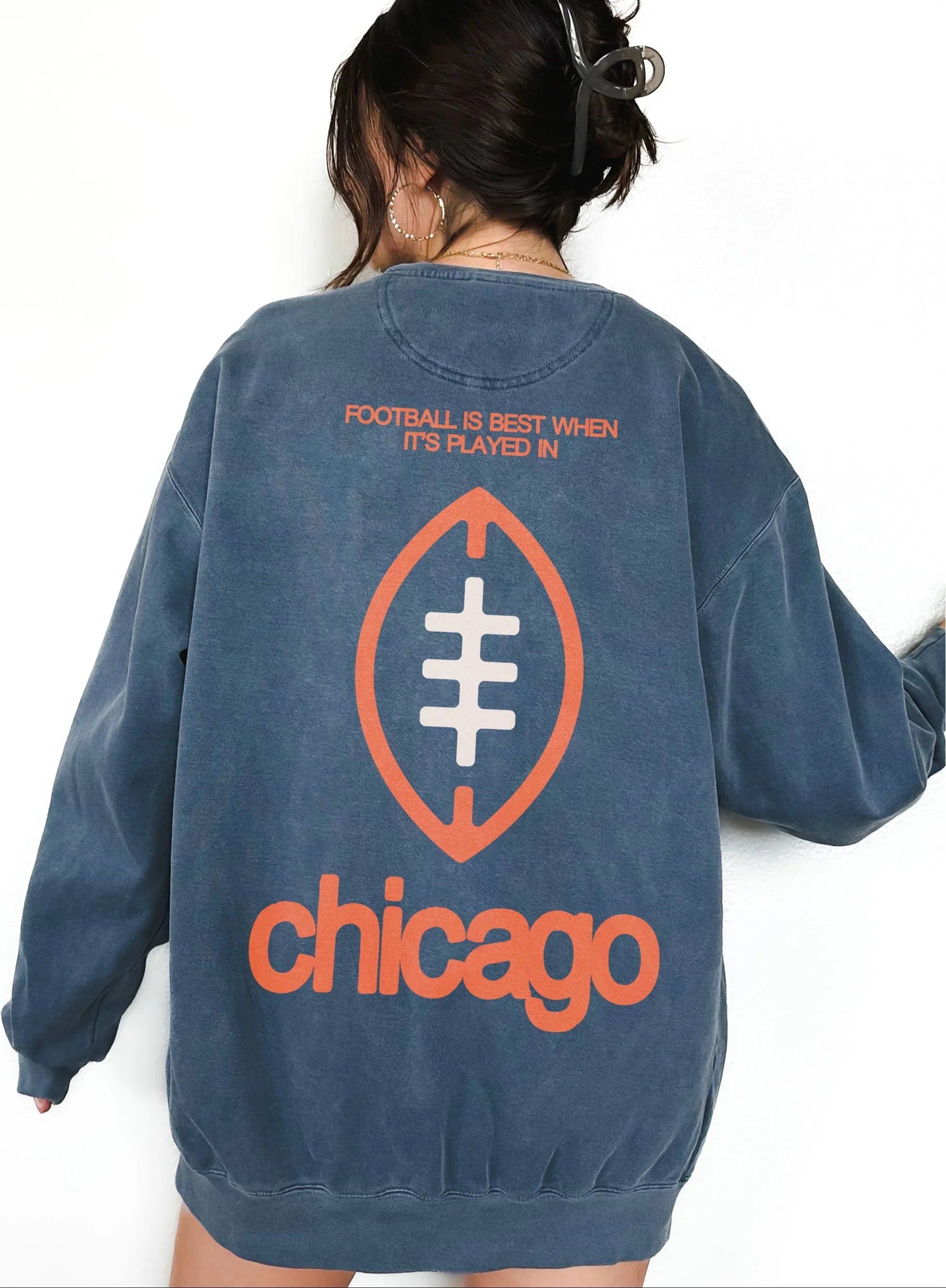Cute throwback Chicago Bears heavyweight crewneck sweatshirt with front and back oversized print on a faded Comfort Colors sweater