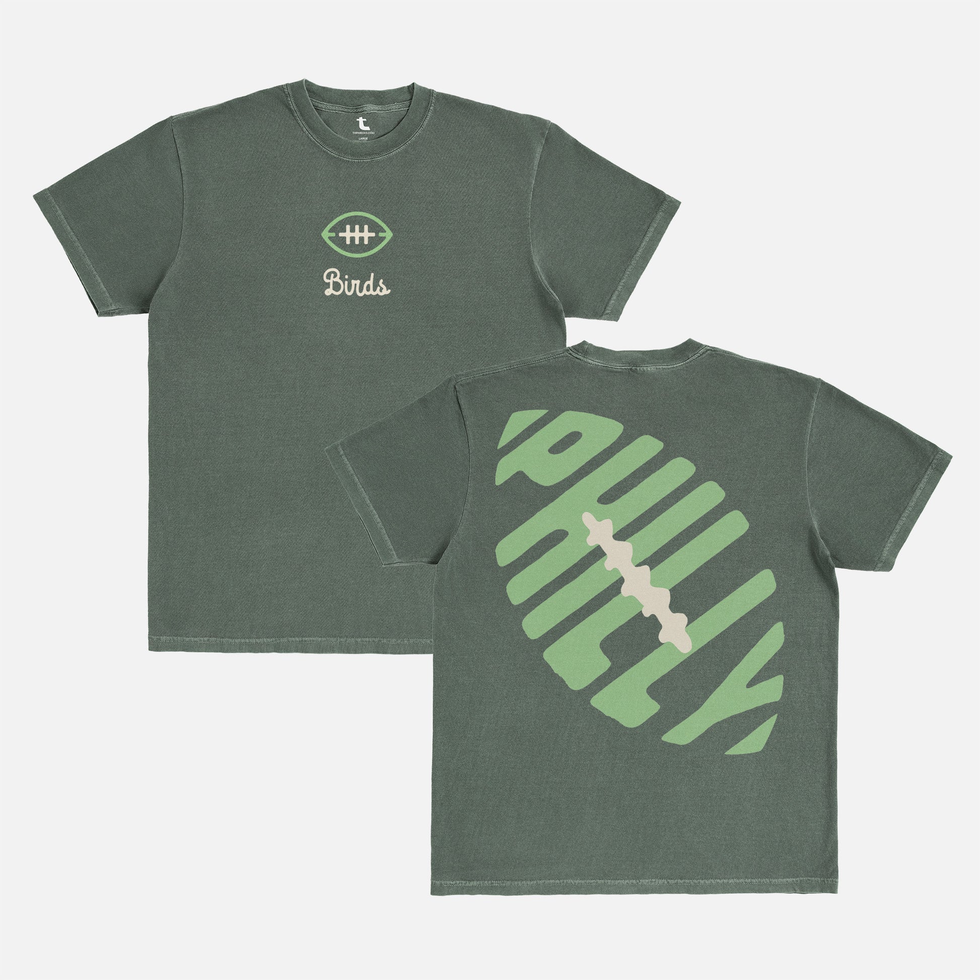 Retro unisex Philadelphia eagles washed distressed green graphic tee shirt with kelly green Philly football logo on front and back