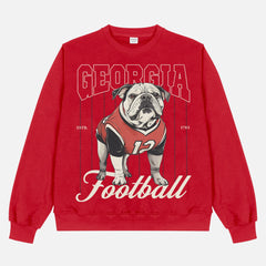 Retro Heavyweight Georgia bulldogs football sweatshirt, cute red crewneck with black and beige pinstripes and Bulldog mascot