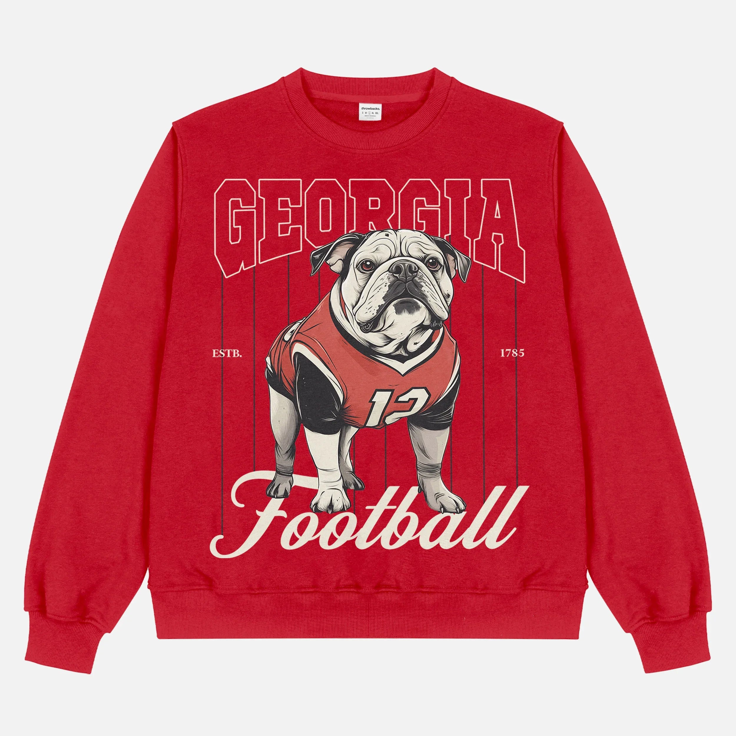 Retro Heavyweight Georgia bulldogs football sweatshirt, cute red crewneck with black and beige pinstripes and Bulldog mascot