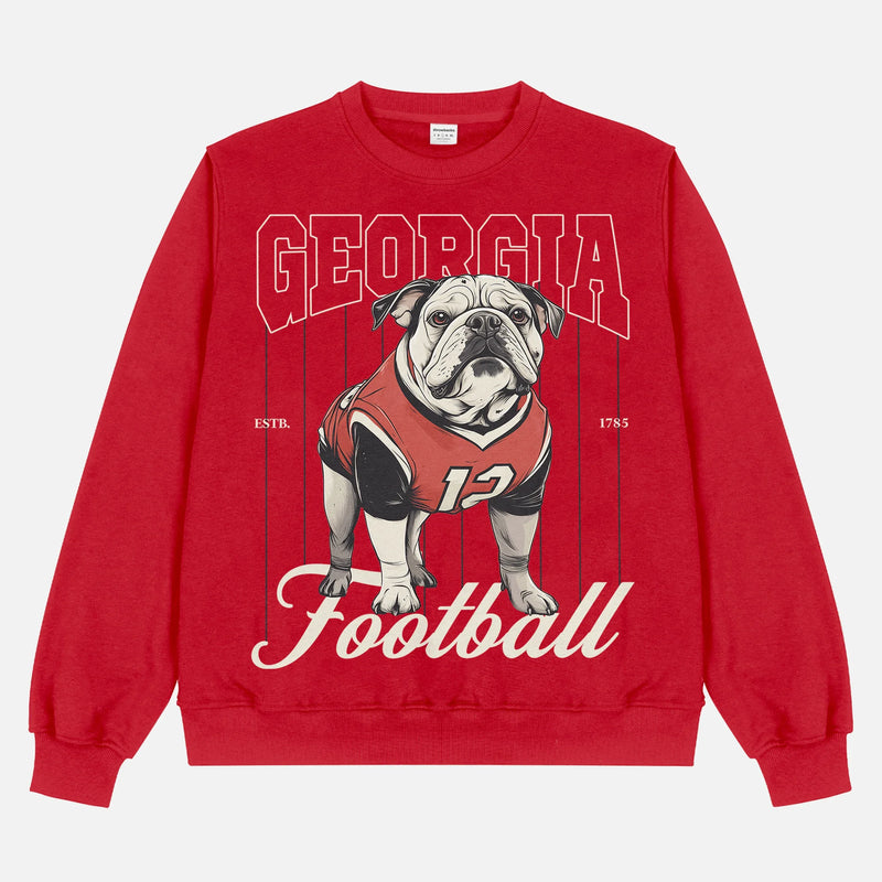 Retro Heavyweight Georgia bulldogs football sweatshirt, cute red crewneck with black and beige pinstripes and Bulldog mascot