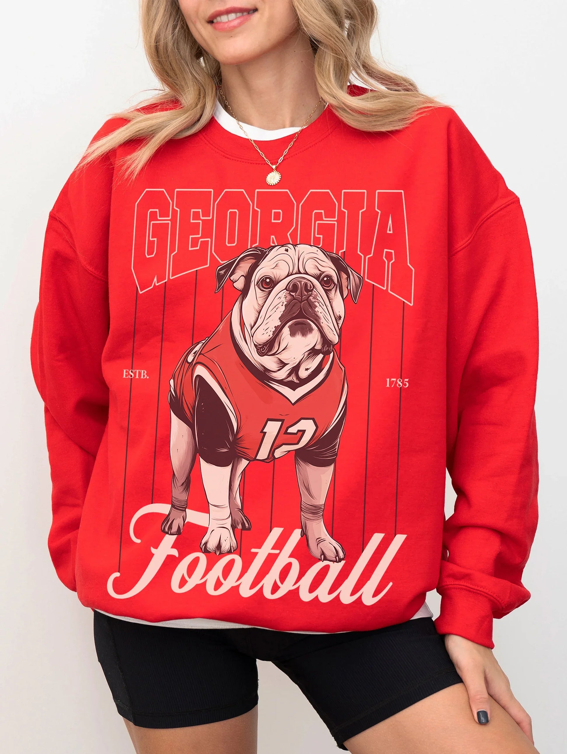 Retro Heavyweight Georgia bulldogs football sweatshirt, cute red crewneck with black and beige pinstripes and Bulldog mascot