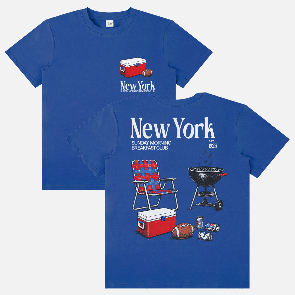 Funny vintage  New York Giants NFL football tailgate t-shirt with front and back retro beer and bbq pit and NYG colors 