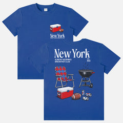 Funny vintage  New York Giants NFL football tailgate t-shirt with front and back retro beer and bbq pit and NYG colors 