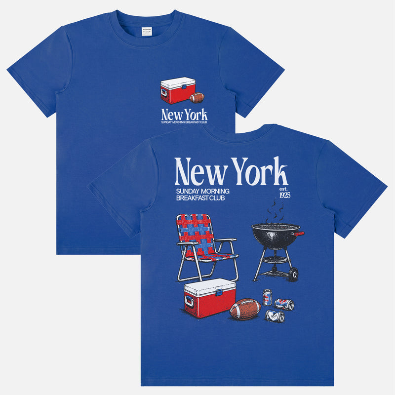 Funny vintage  New York Giants NFL football tailgate t-shirt with front and back retro beer and bbq pit and NYG colors 