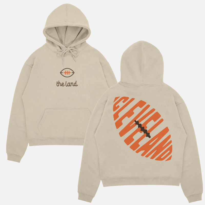 Cute beige off white throwback Cleveland Browns "The Land" brown and orange streetwear football hoodie with front and back print