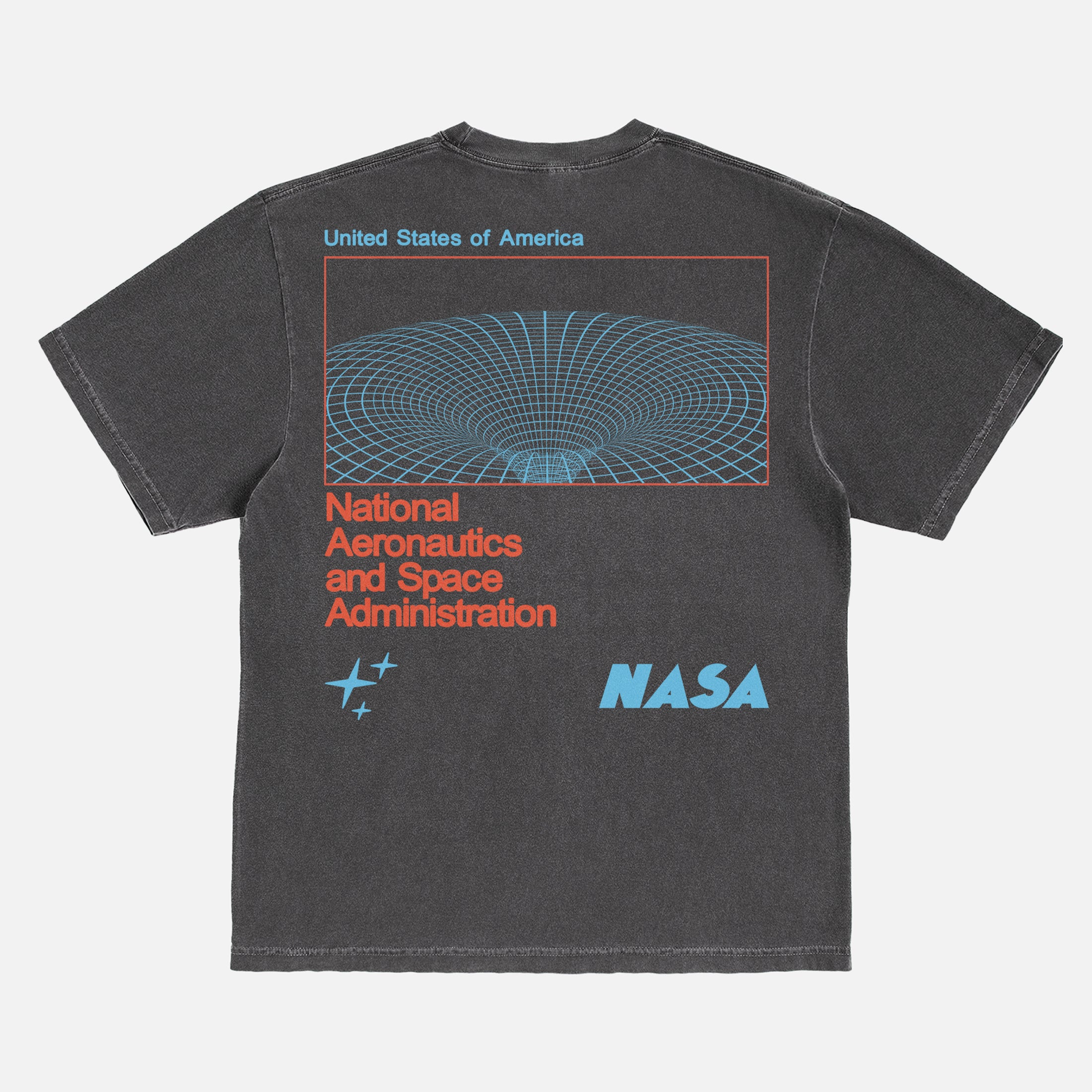 faded washed black NASA streetwear graphic t-shirt with custom Worm logo and wormhole graphic on a unisex comfort colors shirt