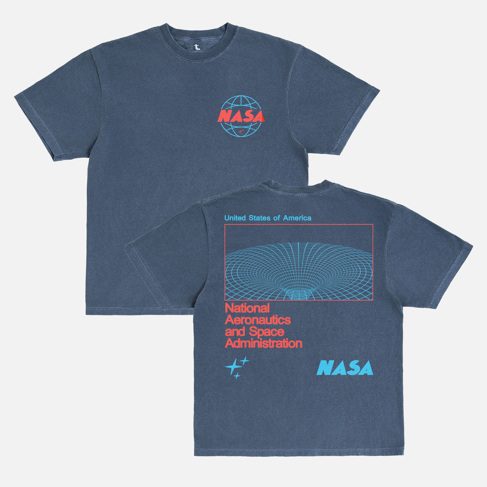 faded washed navy retro NASA streetwear graphic t-shirt with custom Worm logo and wormhole graphic on a unisex comfort colors shirt