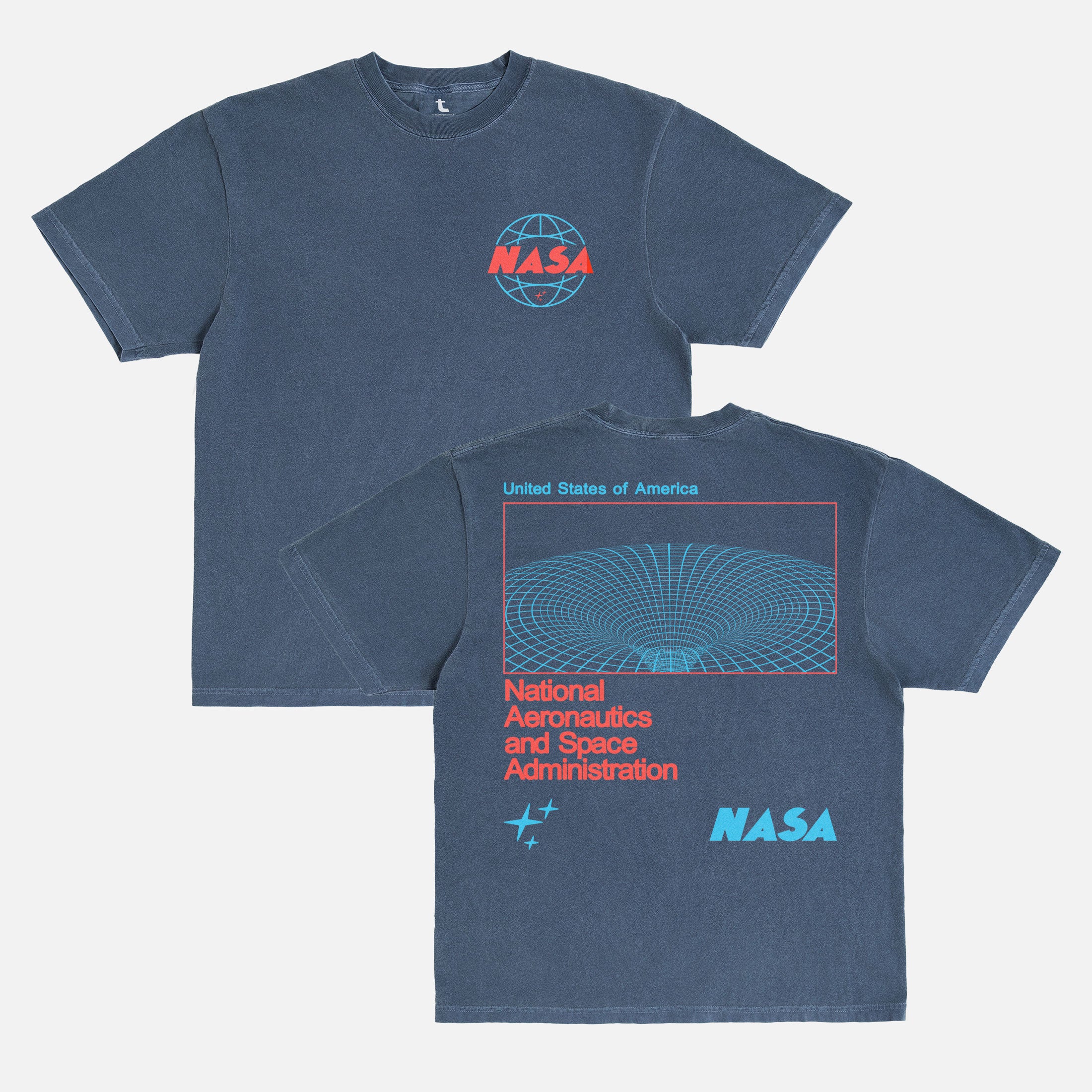faded washed navy retro NASA streetwear graphic t-shirt with custom Worm logo and wormhole graphic on a unisex comfort colors shirt