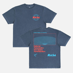 faded washed navy retro NASA streetwear graphic t-shirt with custom Worm logo and wormhole graphic on a unisex comfort colors shirt