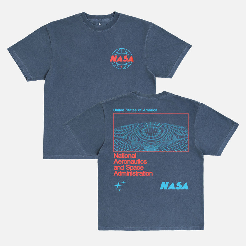 faded washed navy retro NASA streetwear graphic t-shirt with custom Worm logo and wormhole graphic on a unisex comfort colors shirt