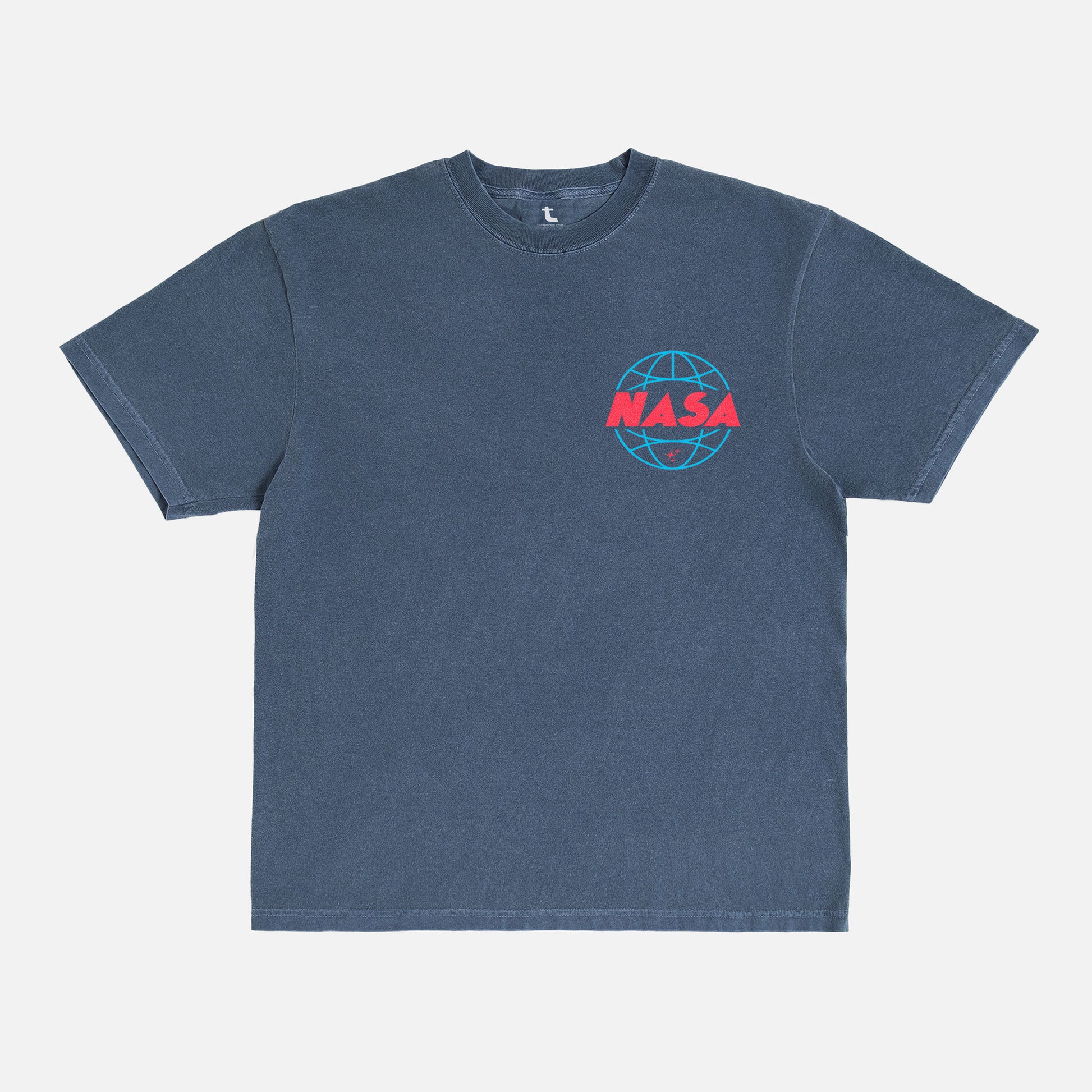 navy denim blue retro NASA streetwear graphic t-shirt with custom vintage Worm logo and wormhole graphic on a unisex comfort colors shirt